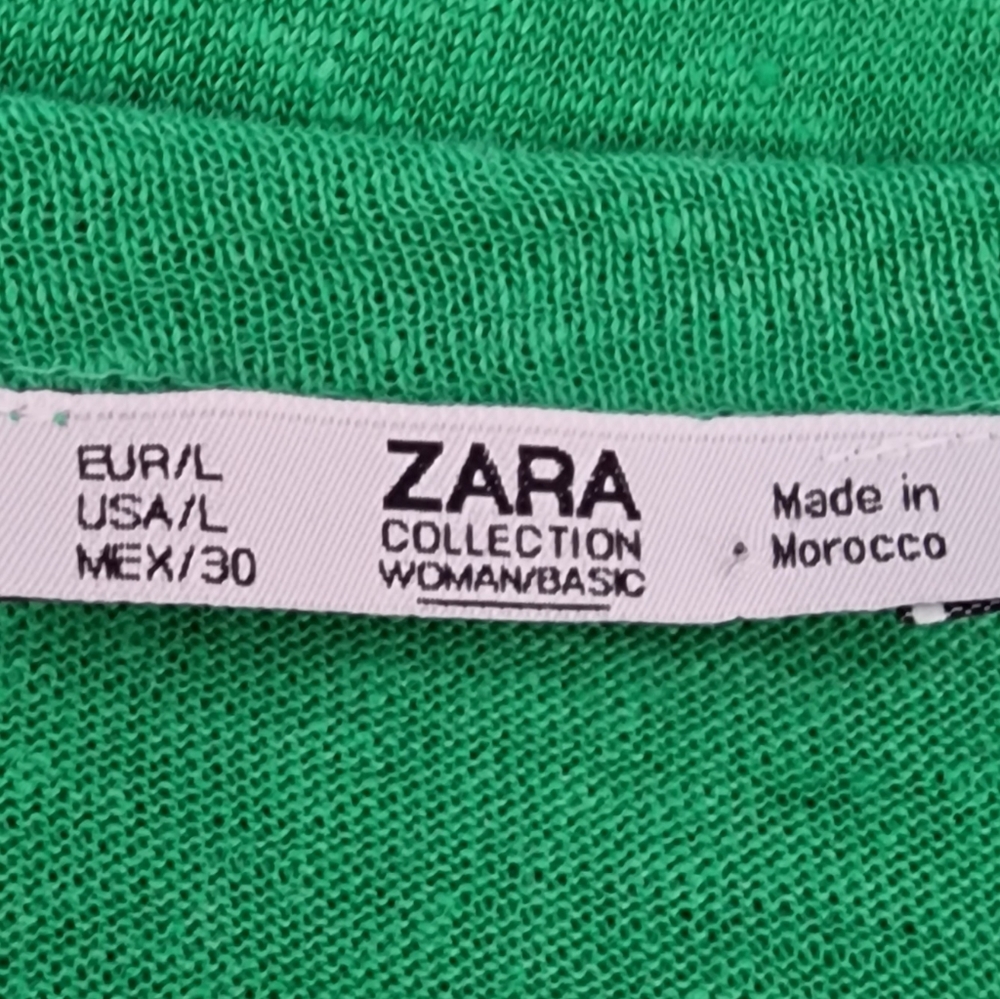Zara Green 100% Linen Ruffle Sleeve Round Neck Knit Blouse Top Size Large - Picture 2 of 10